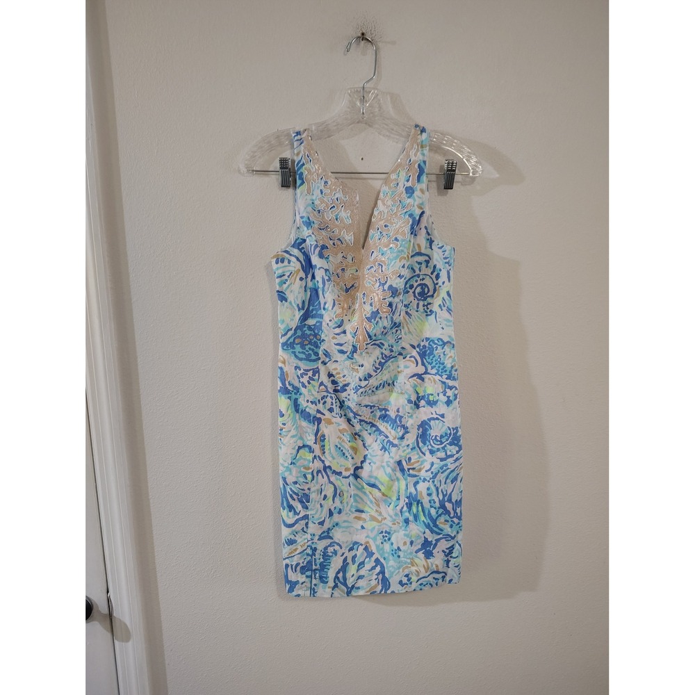 Lilly Pulitzer Blue Green Abstract Print Lace Sequin V-Neck Shift Dress 00